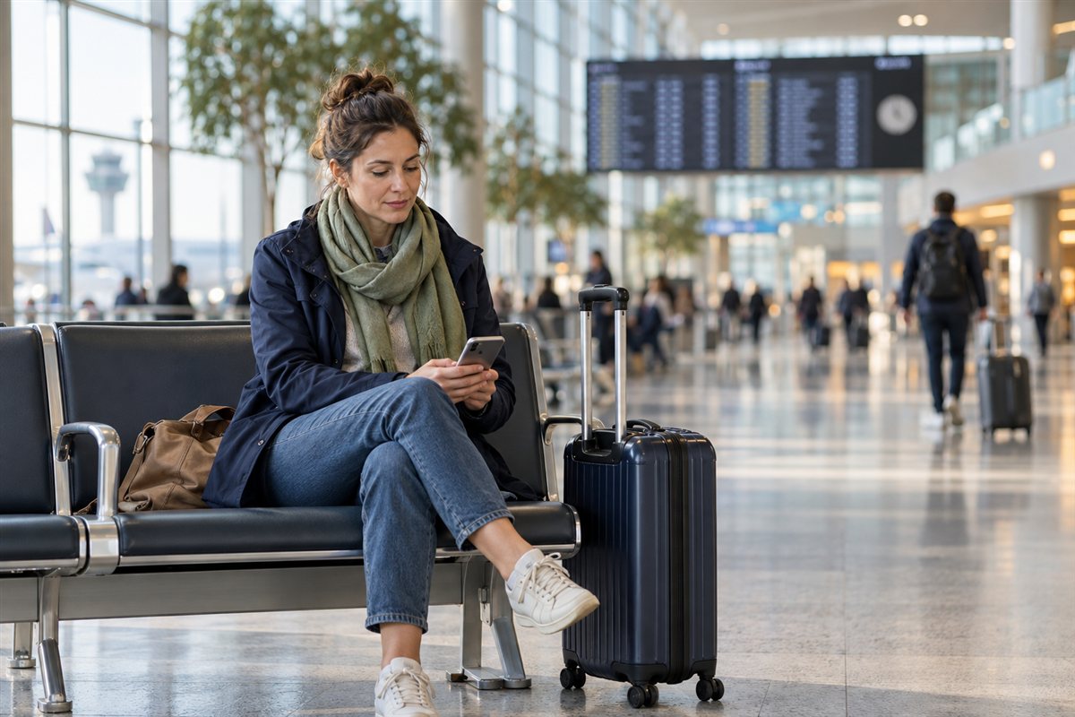 Eine Reisende wartet mit ihrem Koffer in einer Flughafenhalle und schaut auf ihr Smartphone.
