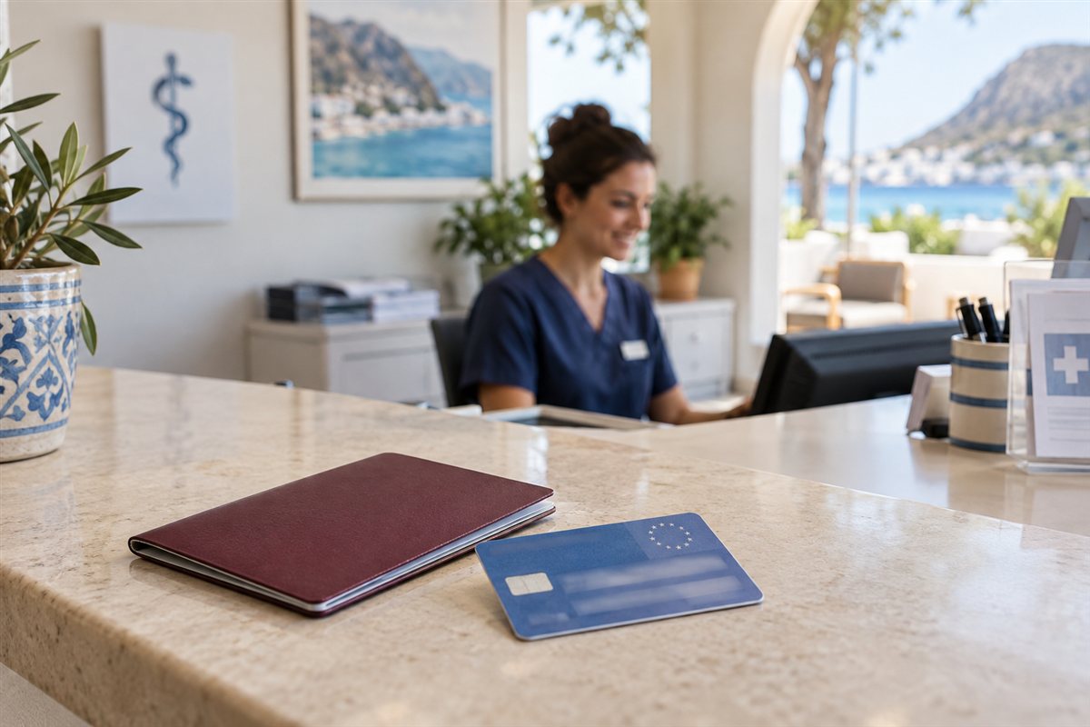 Eine blaue Gesundheitskarte und ein Reisepass liegen vor dem Empfang einer hellen Arztpraxis.