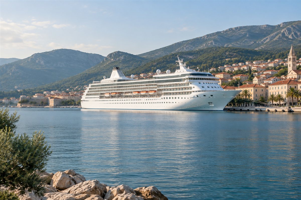 Ein weißes Kreuzfahrtschiff liegt vor einem mediterranen Küstenort.