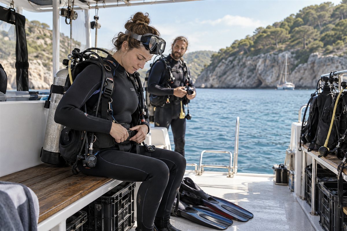 Eine Taucherin prüft ihre angelegte Ausrüstung auf einem Boot vor einer Küste.