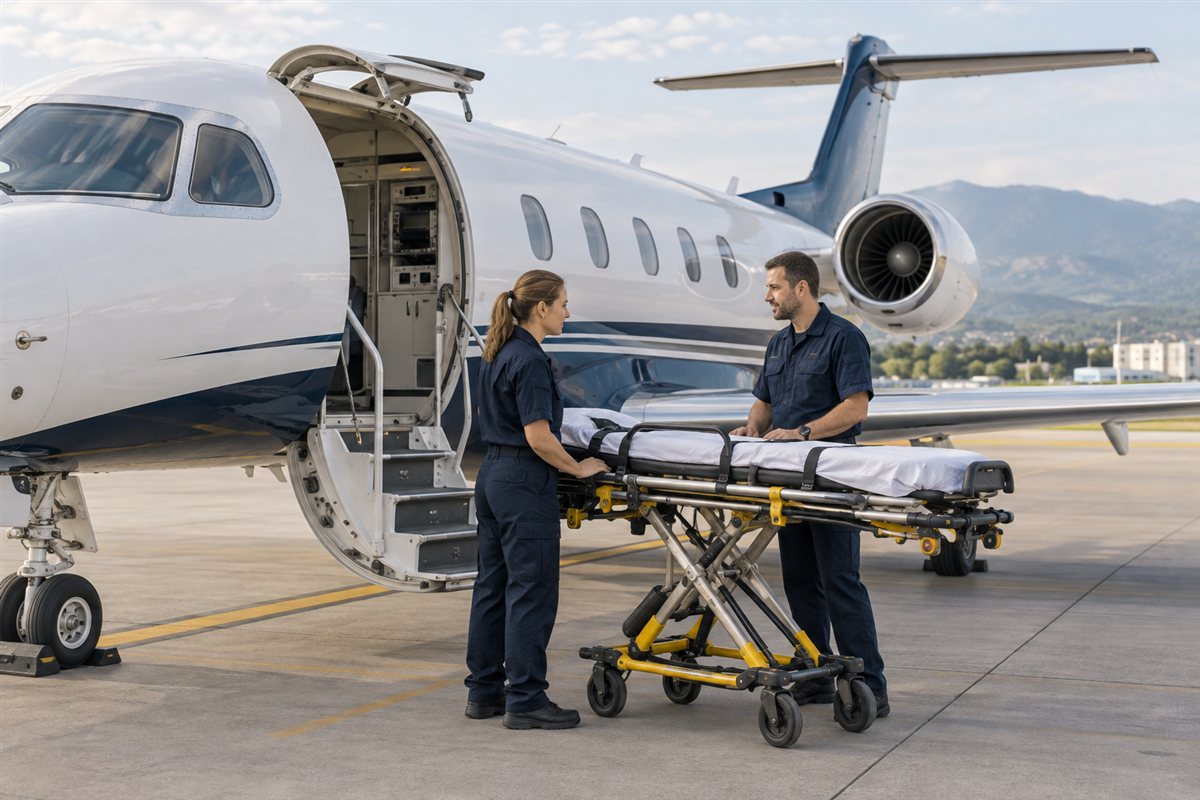 Ein Ambulanzflugzeug steht mit einem medizinischen Team auf einem Flughafenvorfeld.