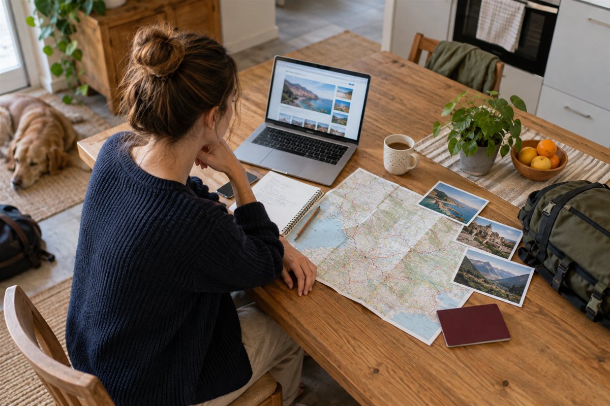 Eine Reisende plant am Laptop mit Landkarte, Notizbuch und Reisepass ihre Reise.