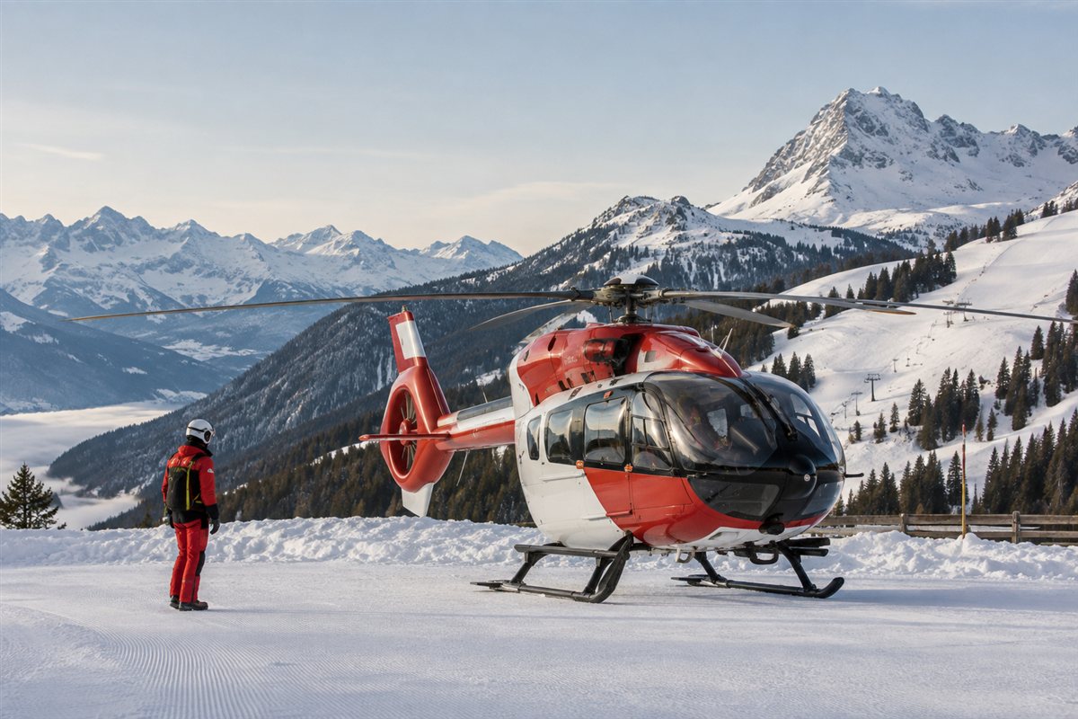 Ein Rettungshubschrauber steht auf einem abgesicherten Schneefeld vor verschneiten Bergen.