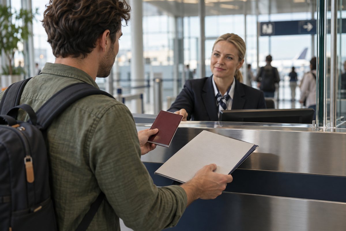 Ein Reisender hält Reisepass und Unterlagen an einem Flughafenschalter bereit.