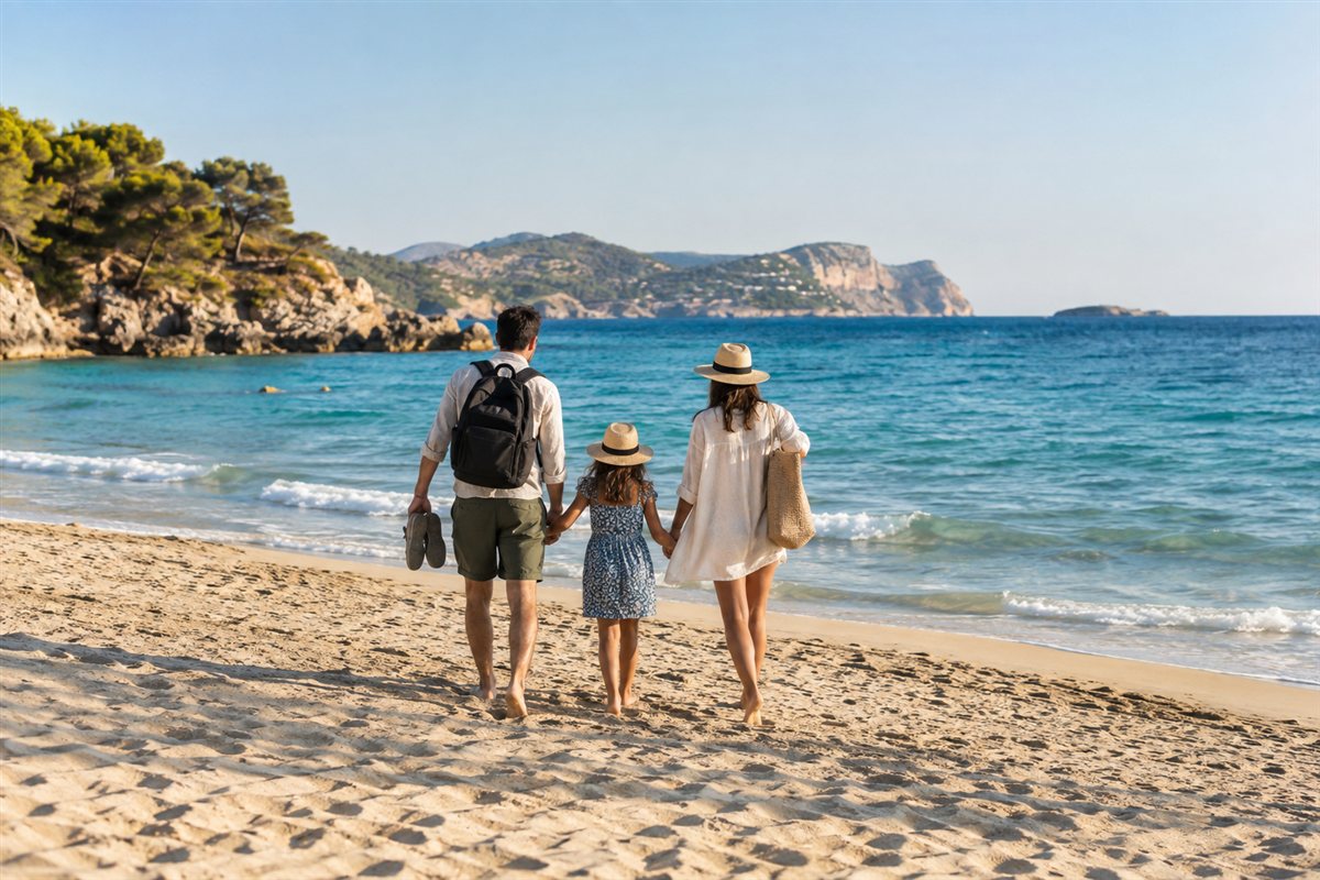 Eine Familie spaziert an einem sonnigen Strand am türkisblauen Meer.